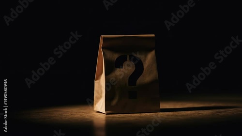 Mysterious Brown Paper Bag With Question Mark Symbol Illuminated By Soft Light In A Dark Setting