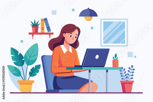 A woman sits comfortably in her home office, focused on her laptop while surrounded by vibrant plants and well-organized shelves, creating a productive atmosphere.