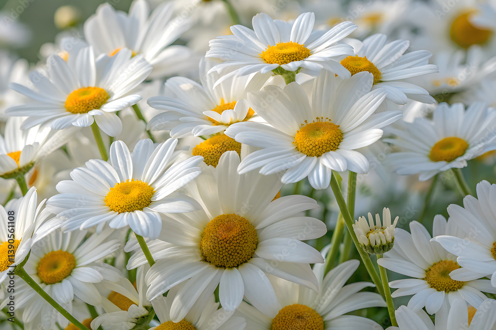 Fototapeta premium White daisies with sunny yellow centers are displayed, emphasizing their charming simplicity and vibrant floral characteristics.