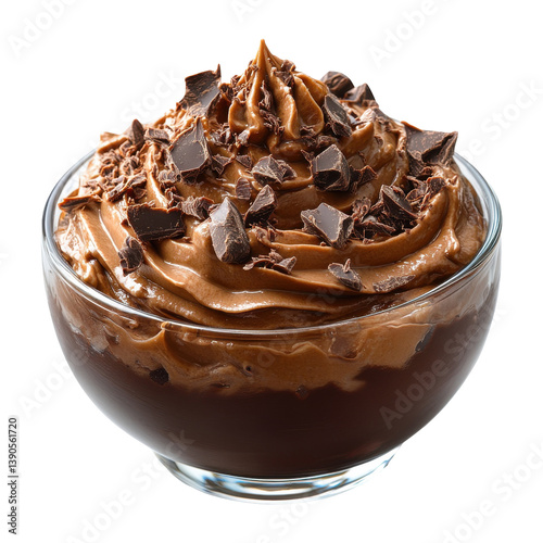Decadent chocolate mousse in glass bowl with rich swirls and chocolate chunks, transparent, cut out.