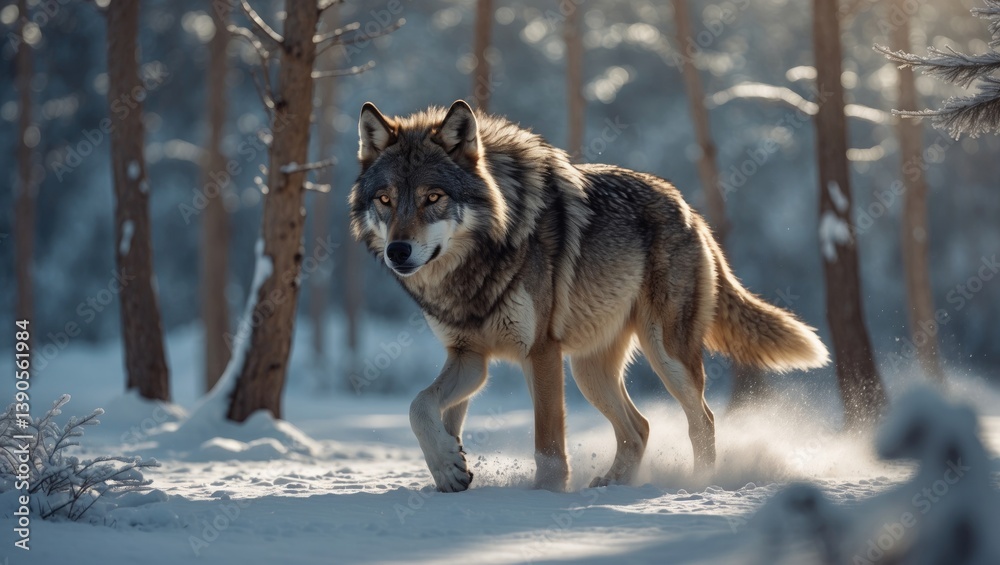Naklejka premium Timber wolf in a bright, snowy winter forest. Wildlife.