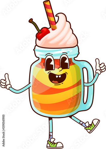 Fast food groovy milkshake dessert happy character. Street menu dessert beverage or meal funny character, sweet smoothie retro cartoon isolated vector mascot. Fast food milkshake cute groovy personage