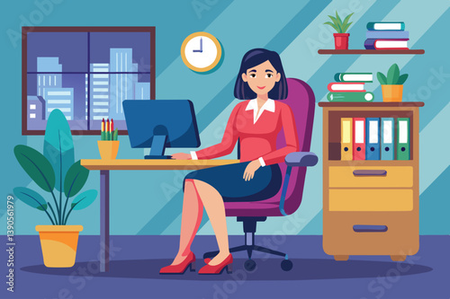 In a bright, modern office, a professional woman is seated at her desk, focused on her computer while surrounded by plants and organized files, emphasizing a productive environment.
