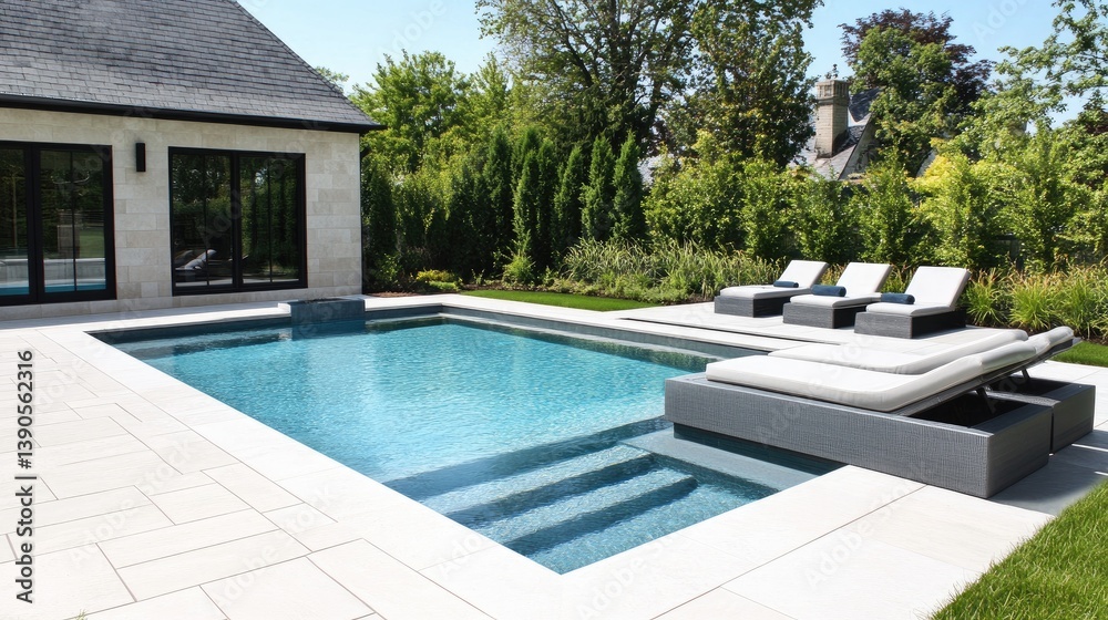 Fototapeta premium Modern Outdoor Pool with Lounge Chairs and Lush Greenery in a Tranquil Backyard Setting
