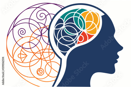 Gradient mesh: "Gradient mesh vector of a face silhouette with abstract colorful swirls inside the head, representing emotions and inner thoughts, artistic and conceptual."
