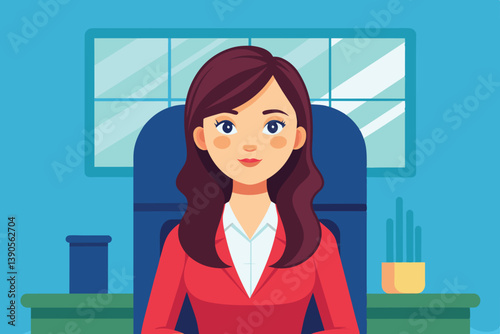 A confident young woman sits at her desk, dressed in a red blazer, in a modern office environment featuring plants and large windows that allow light in.
