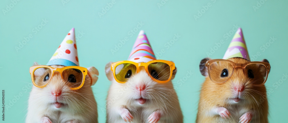 Fototapeta premium Happy Birthday, carnival, New Year's eve, sylvester or other festive celebration, funny animals card - hamsters with party hats and glasses, blue background