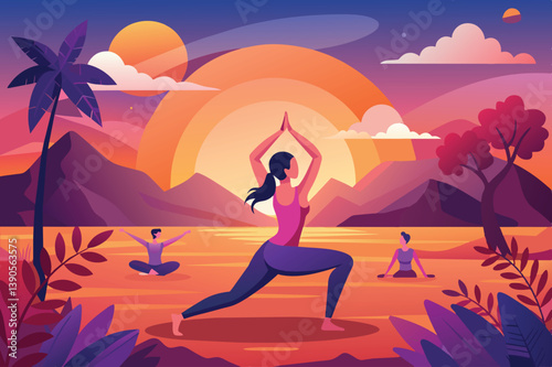 A peaceful yoga session unfolds at sunset by a lake, with three individuals practicing various poses against a vibrant sky and distant mountains.