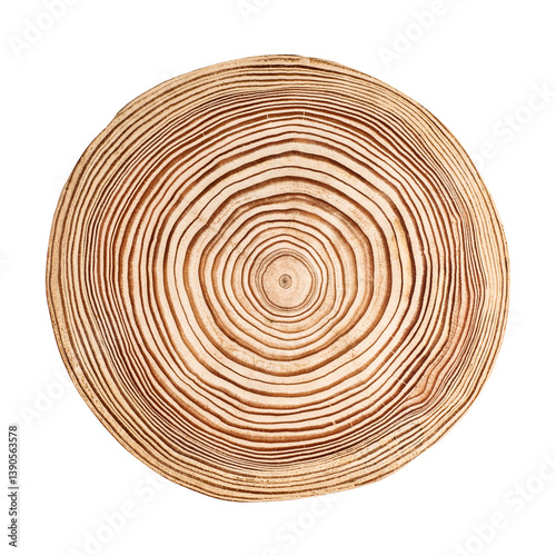 Slice. section of larch tree wood isolated on a white background. Macro shot of a cut tree with annual rings. Stump, trunk of an tree.
