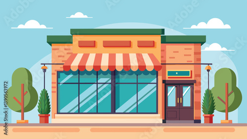 A vibrant storefront features large glass windows and a striped awning, surrounded by trees in pots, creating a welcoming vibe in a bright neighborhood atmosphere.