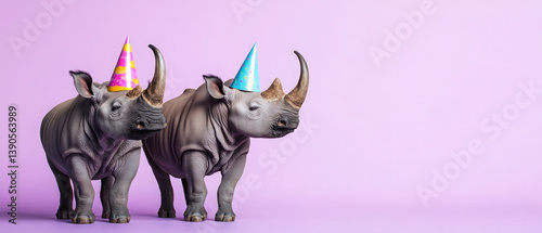 Wallpaper Mural Happy Birthday, carnival, New Year's eve, sylvester or other festive celebration, funny animals card - rhinoceros with party hats, grey gray background  Torontodigital.ca