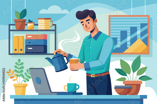 A man pours steaming coffee into a cup while standing at a desk with a laptop, surrounded by greenery and a colorful wall decoration.