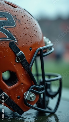Football helmet with the number 29 on it. The helmet is wet and has a black and orange design