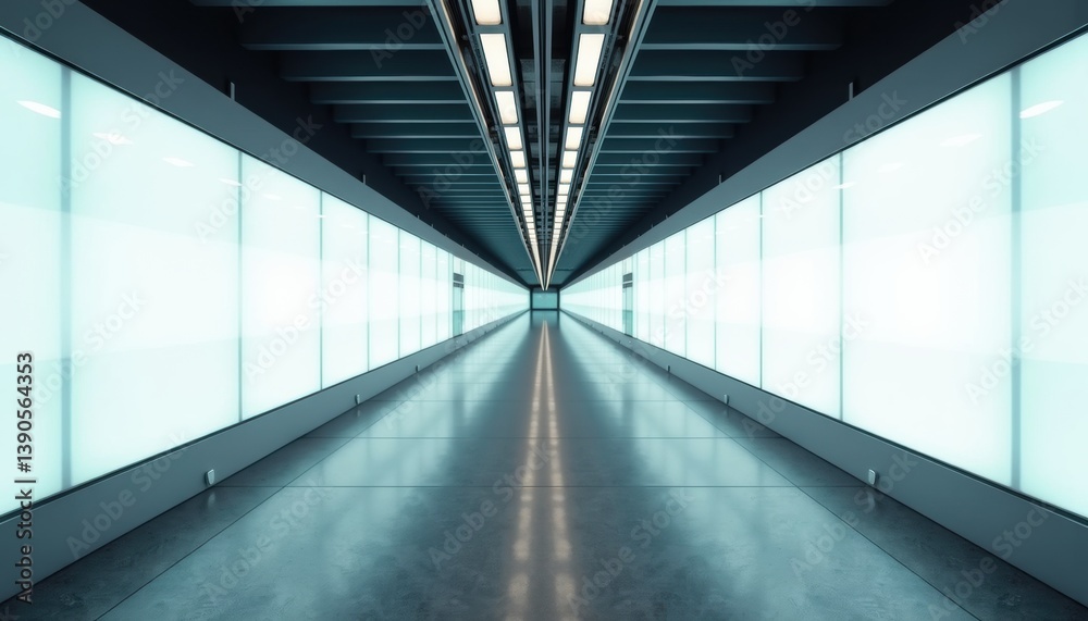 Obraz premium Futuristic hallway with bright lights reflecting on polished floor 