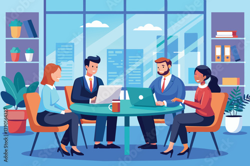 A group of four professionals engages in a collaborative discussion at a round table, utilizing laptops in a bright, modern office filled with plants.
