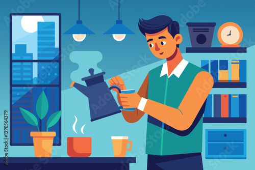 A man carefully pours steaming coffee from a kettle into a mug while a plant and books add warmth to the charming indoor space, illuminated softly by morning light.