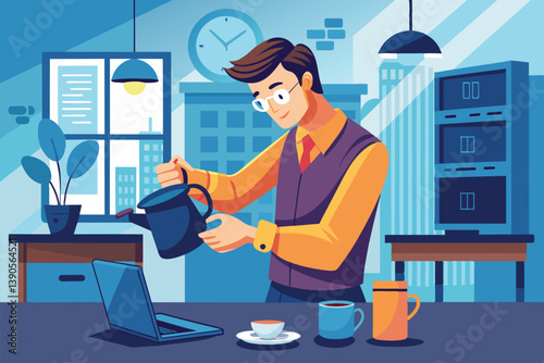 A man carefully pours coffee from a kettle into a cup while seated at a desk in a modern office. Bright sunlight streams through the large windows.