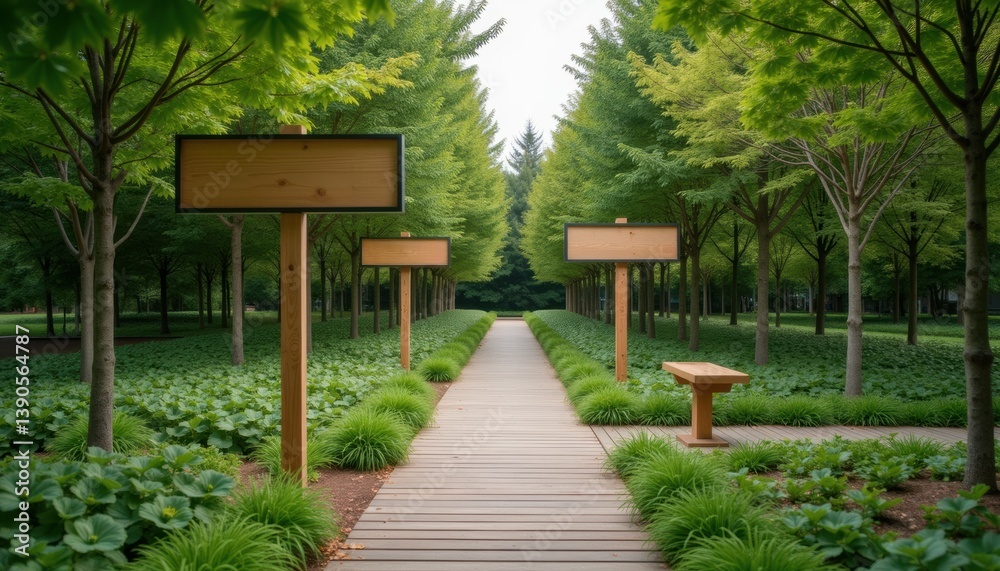 Peaceful garden pathway with wood signs amidst lush greenery Peaceful garden pathway with wood signs amidst lush greenery