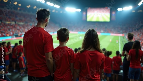Family of three stands in a stadium watching a soccer game. The stadium is packed with fans, and the atmosphere is lively and energetic