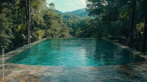 Tranquil infinity pool nestled amidst lush greenery.  Surrounded by towering trees and dense foliage, the crystal-clear pool offers breathtaking views of the surrounding mountain