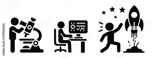 stickman working icon set, programmer, scientist, launch rocket, isolated pictograms, stick figure people, human silhouettes
