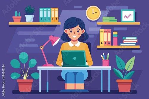 A cheerful young woman is focused on her laptop in a vibrant home office adorned with bookshelves, plants, and a desk lamp, creating an inviting work environment.