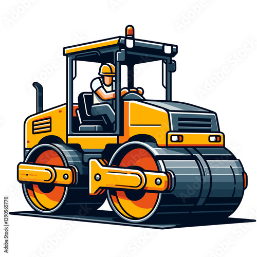 Road roller compacting asphalt, colored vector, transparent background 