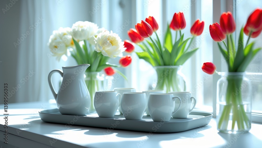 custom made wallpaper toronto digitalVase with lovely flowers and a tea set placed on a table in a contemporary interior.