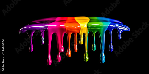 Fototapeta Naklejka Na Ścianę i Meble -  Dynamic drips of vibrant, glossy rainbow paint flow down against a stark black background. Abstract, creative, and colorful.
