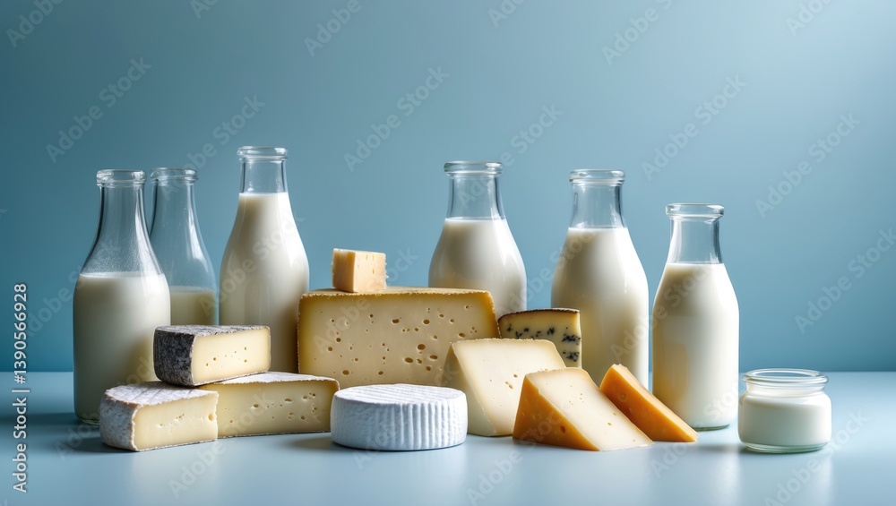 A selection of dairy products on a backdrop. Bottles of milk, cheese, yogurt or sour cream, cottage cheese. Farm dairy products theme. A selection of dairy products on a backdrop. Bottles of milk, cheese, yogurt or sour cream, cottage cheese. Farm dairy products theme.
