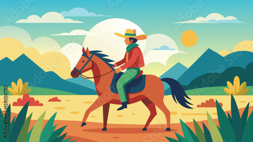 A cowboy on horseback rides leisurely through a colorful landscape, surrounded by mountains and lush greenery during a beautiful sunset.
