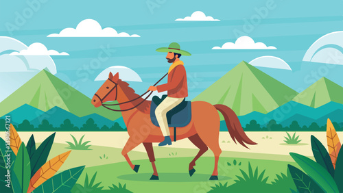 A rider on a brown horse travels through a colorful landscape filled with green mountains and tropical foliage under a bright blue sky with scattered clouds.