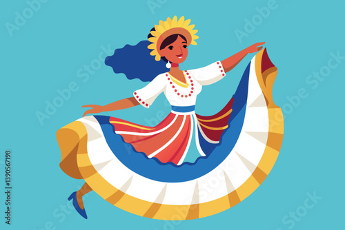 A joyful dancer showcases cultural heritage while performing a traditional dance, twirling in a beautifully styled dress adorned with vivid colors and patterns.