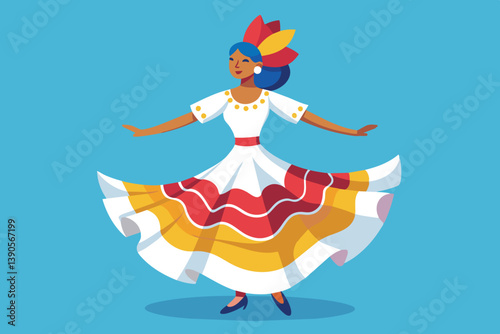 A dancer twirls gracefully in a vibrant traditional dress featuring red, yellow, and white colors, celebrating culture and tradition with enthusiasm and flair.
