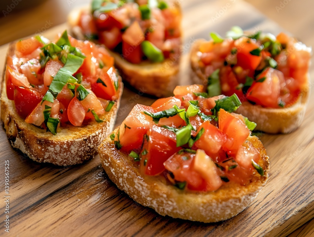 Bruschetta with tomatoes, basil, and green onions on a wooden board Bruschetta with tomatoes, basil, and green onions on a wooden board