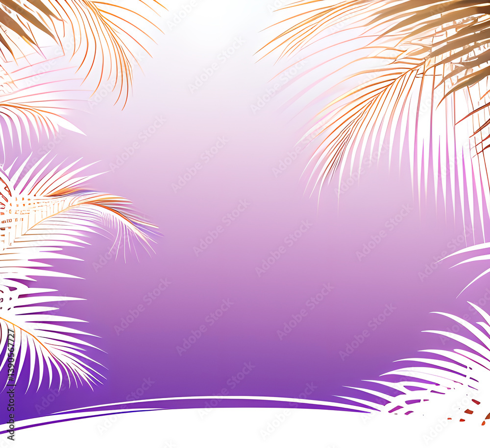 Naklejka premium Palms silhouettes violet sunset sky. Night landscape with palm trees on beach.Creative trendy summer tropical background.Vacation travel concept.Retro, synthwave,retrowave style,generative ai