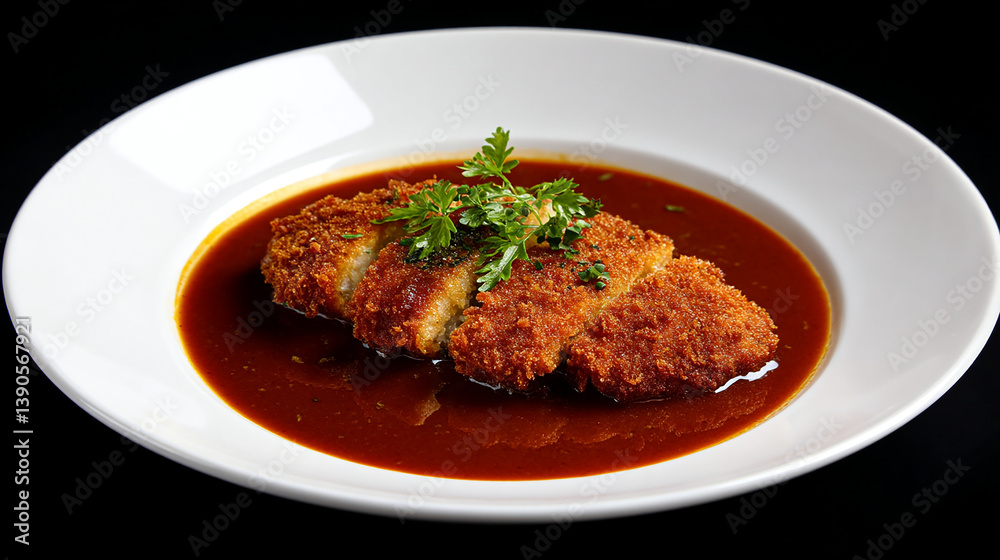 Chicken cutlet curry neatly served on a white plate Chicken cutlet curry neatly served on a white plate