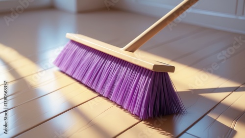 Sweeping wooden floor indoors with a bright broom, from above