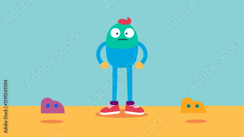 Floor of Shoes An animated scenario where a character has an array of colorful shoes tered on the floor looking anxiously between several pairs while trying to decide which to