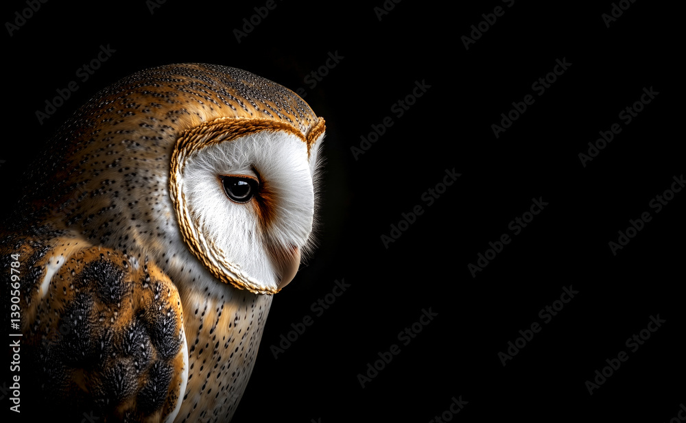 A stunning portrait of a barn owl in close-up view. The detailed feathers and piercing eye create a captivating image. Perfect for nature lovers and bird enthusiasts. AI