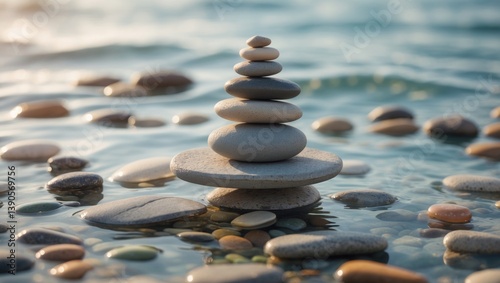 Symbolic arrangement of stones against a sea background. Concept of harmony and balance.