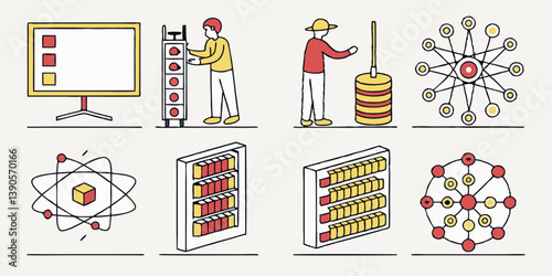 Computer Server Network Atom Abacus Technology Icons Flat Line Art