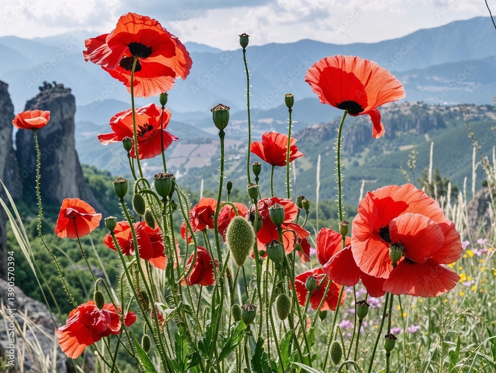 Obraz premium Vibrant red poppies blooming against a scenic mountain backdrop 
