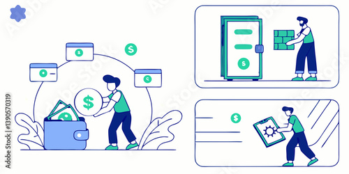 Finance Data Security Vector Illustration: Digital Banking, Server Protection, Money Management, Flat Design, Wallet and Dollar