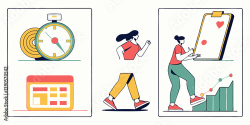 Fitness Workout Planning and Progress Tracking Illustration: Stopwatch, Calendar, Running Woman, Goals, Graph