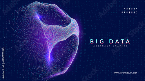 Big Data Wave Abstract Background. Technology Bg With Dynamic  Lines, Dots And Numbers For AI Network. Geometric Shapes In A Modern Cyber Concept With Purple Glow. Blue Tech Big Data Wave