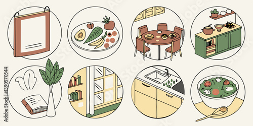 Cartoon Kitchen Food Illustrations Hand Drawn Style Fruits Vegetables Plate Salad Bowl Round Table Kitchen Sink Window Plant Book Blank Sign Home Decor