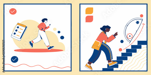 Modern Vector Art Productivity Progress - Woman Running with Checklist Woman Climbing Stairs for Success