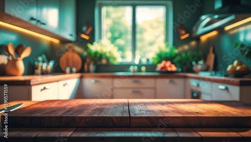 Tabletop featuring an unoccupied wooden podium for product display against a blurred kitchen backdrop.