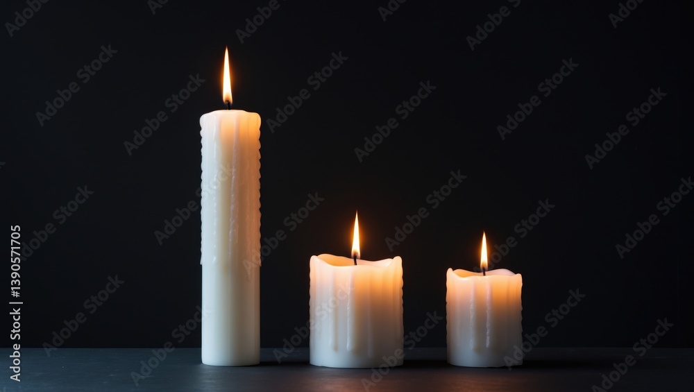 Three lit white candles of varying heights set against a black background. Three lit white candles of varying heights set against a black background.